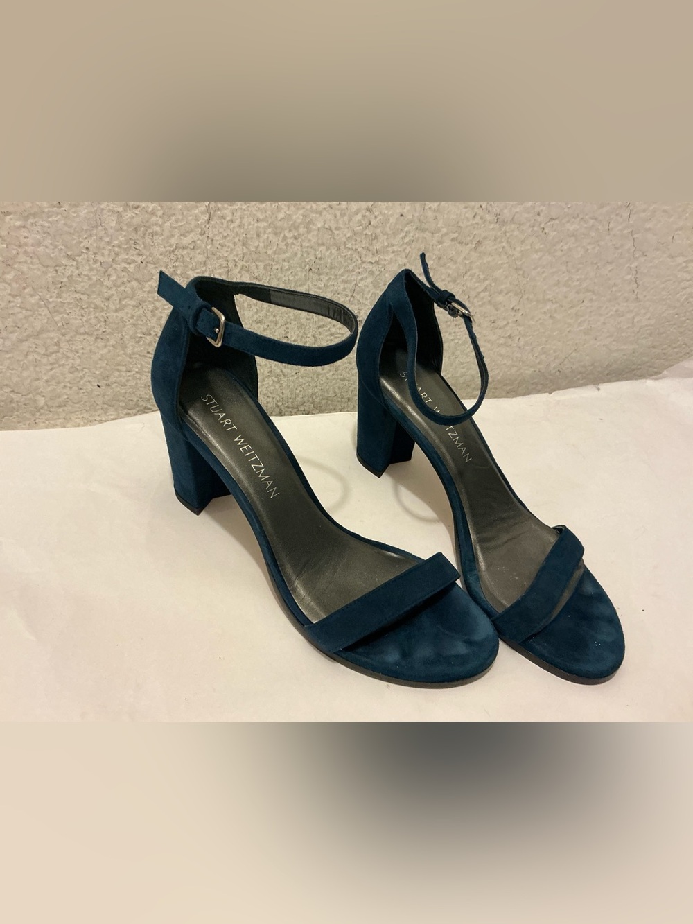 Stuart Weitzman Navy Suede Block Heel Ankle-Strap Sandals 7N